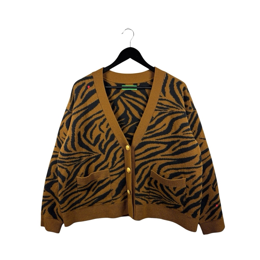 Clare V. Oscar Brown And Black Zebra Merino Wool Cardigan in M/L Gold Buttons